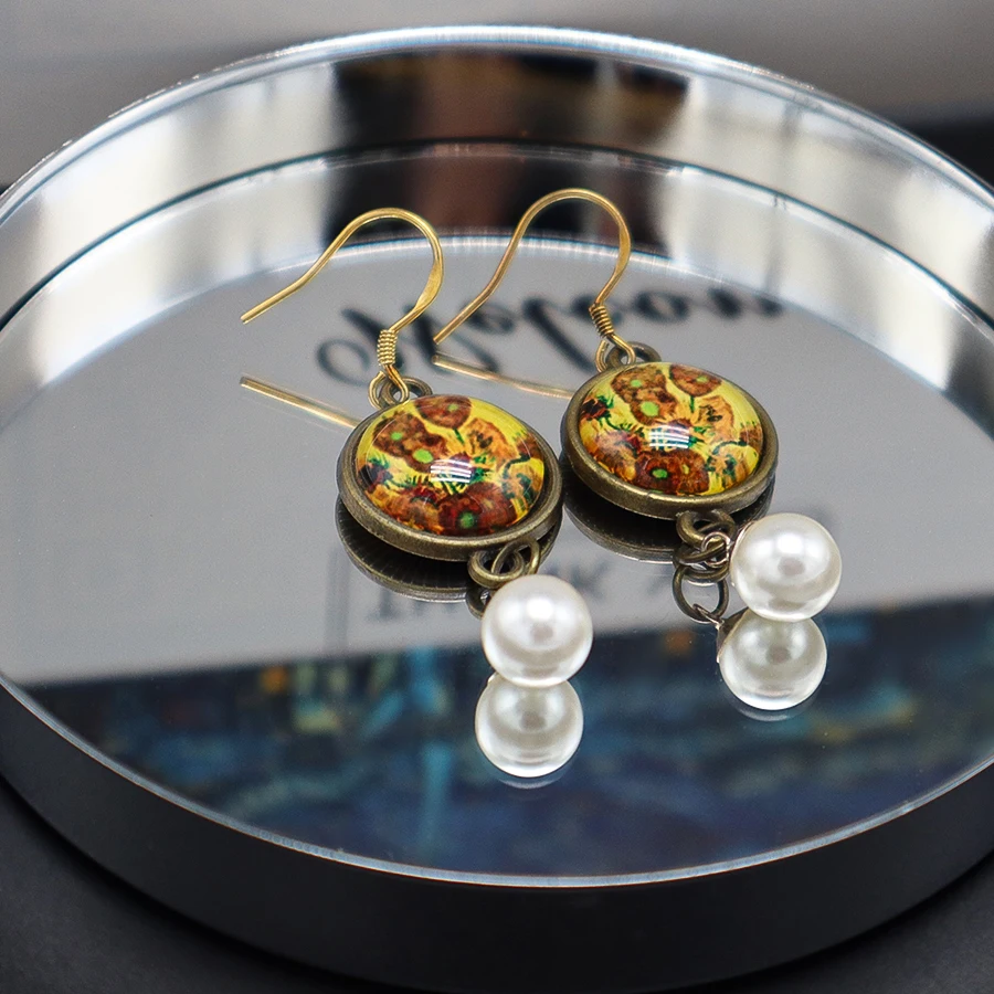 Antique historical feeling glass photo silver hook faux pearl Van Gogh sunflower oil painting canvas earrings