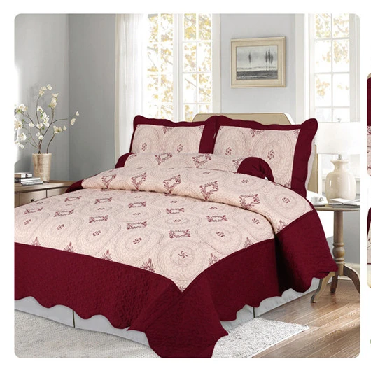 Modern Bedding Sets Embroidery Quilts Microfiber Burgundy Comforter Sets 3pcs Quilt Colcha Bedspreads Coverlet