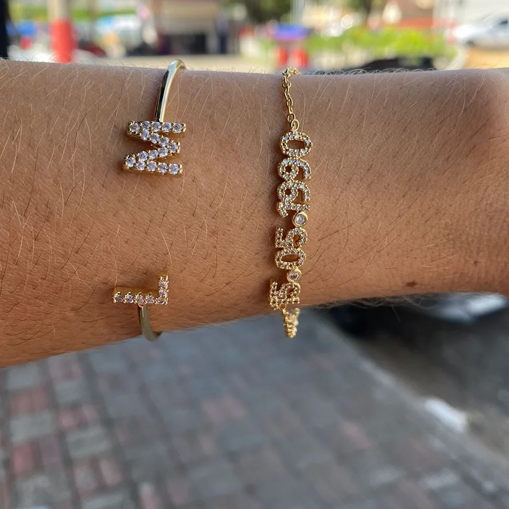 Fashion Adjustable  Charm Name Bracelet Personalized Custom Initials Letter Zircon Bracelet Bling Crystal Jewelry for Couple