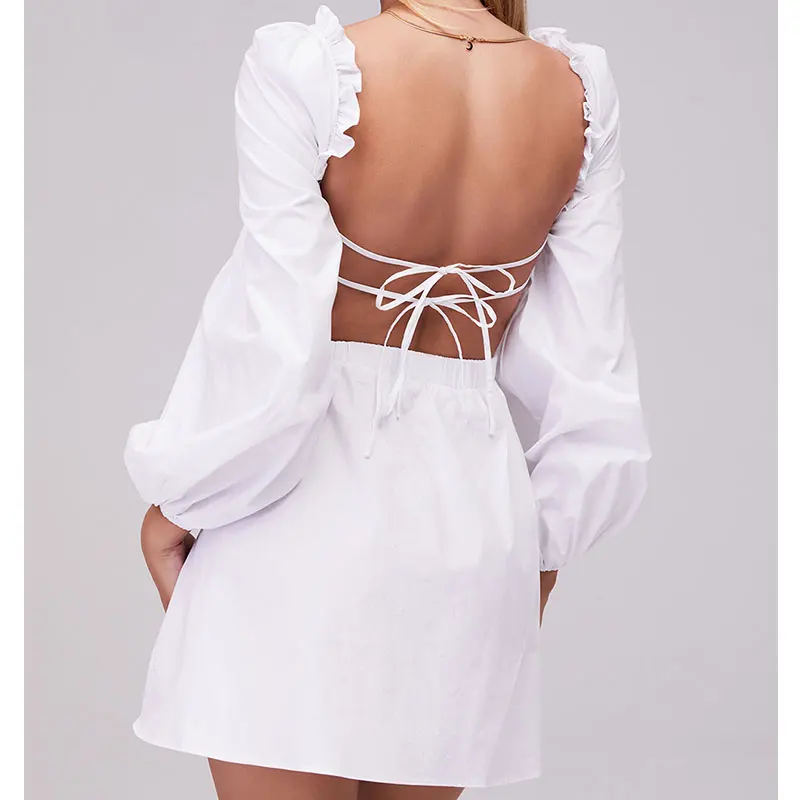 INNOVATE WHITE GATHERED OPEN BACK MINI DRESS low cut back mini dress