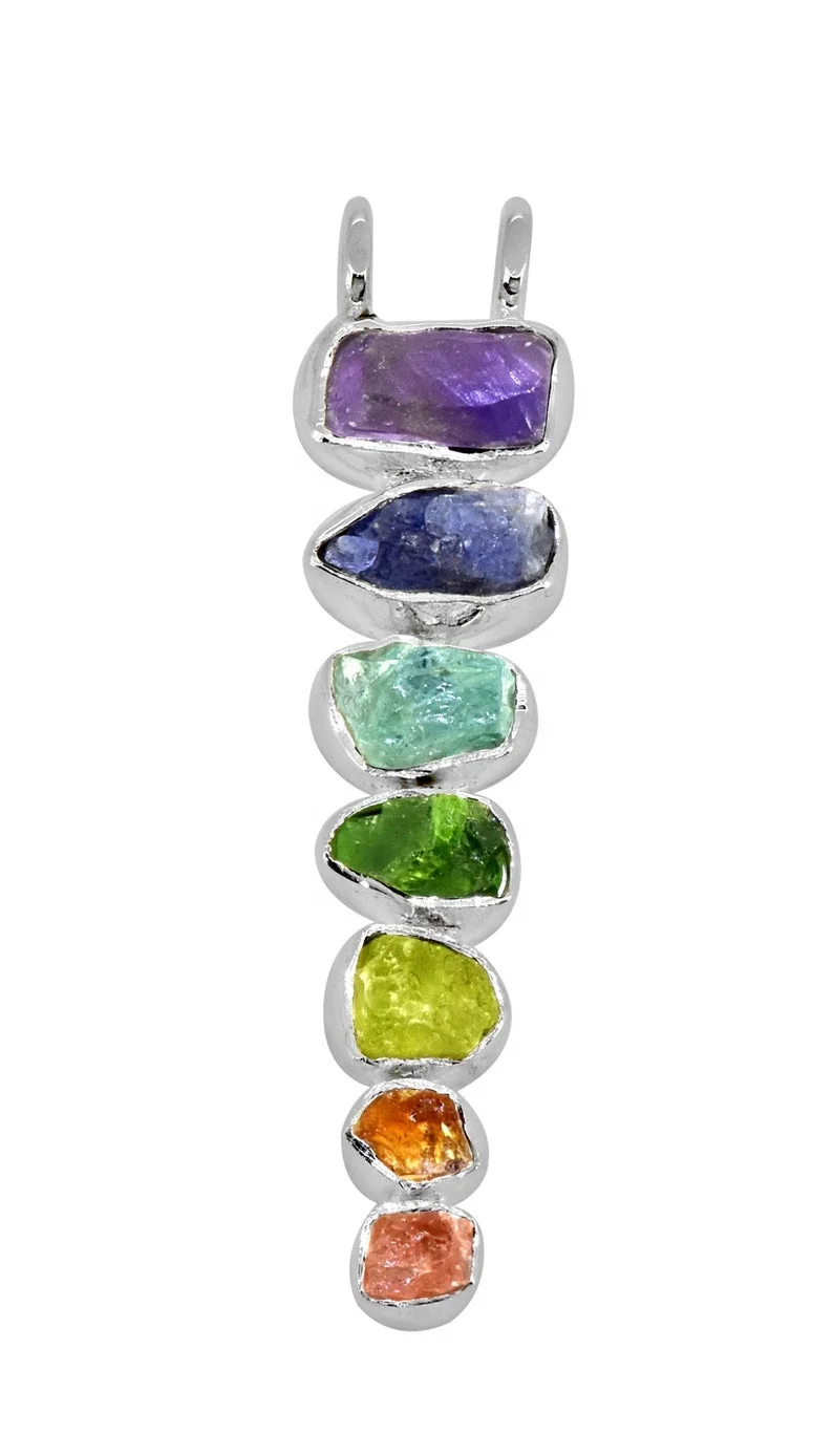 7 Chakras Stone Healing Handmade Pendant Necklace Jewelry with Real Raw Gemstones, Solid 925 Sterling Silver Chain for Women