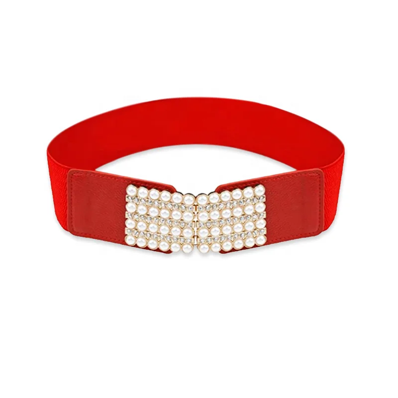 Fashion Ladies Embellished Rhinestone PU Leather Weave Fabric Wide Elastic Belt with Pearl
