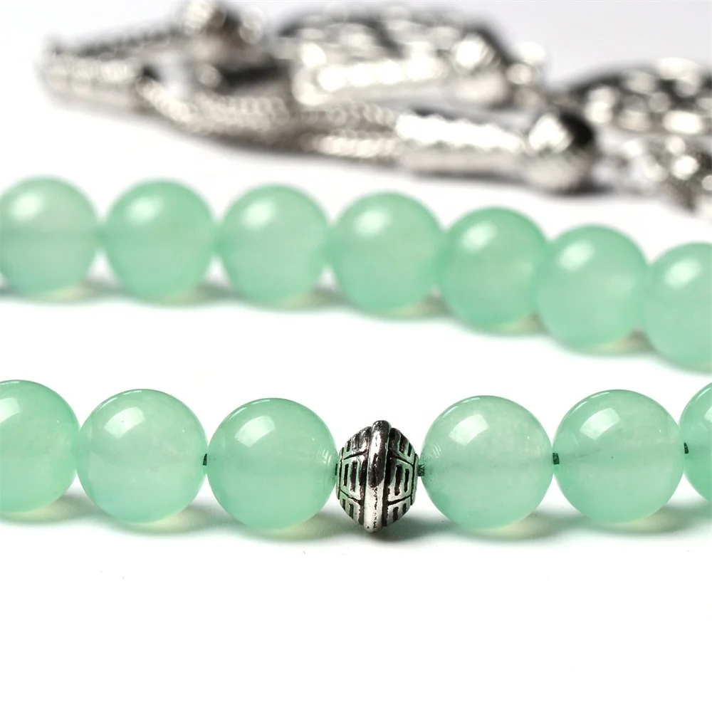 Stone Tasbih silver tassel green jade prayer beads 33 66 99beads muslim Rosary 8mm 10mm round tasbeeh misbaha subha