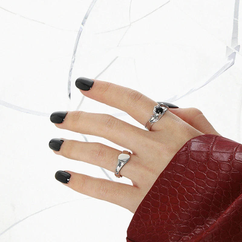 WuQie Black Onyx Rings and Synthetic Moonstone Open Ring 925 Sterling Silver Gemstone Ring