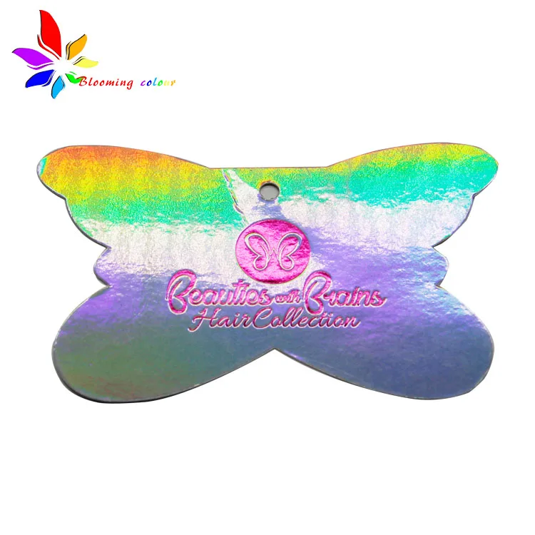 Customized butterfly shape printing brand name logo wigs cloth paper hang tag