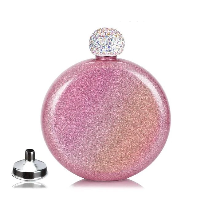 Круглая фляжка из нержавеющей стали с крышкой со стразами, 5 унций