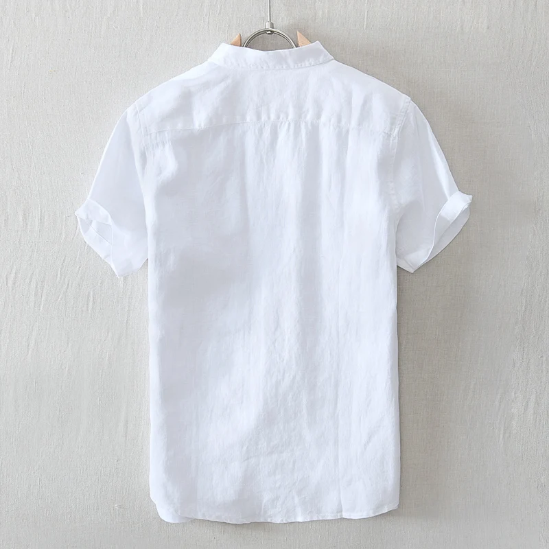Низкий минимальный заказ, оптовая продажа, мужская рубашка из 100% льна с коротким рукавом и отложным воротником и карманом