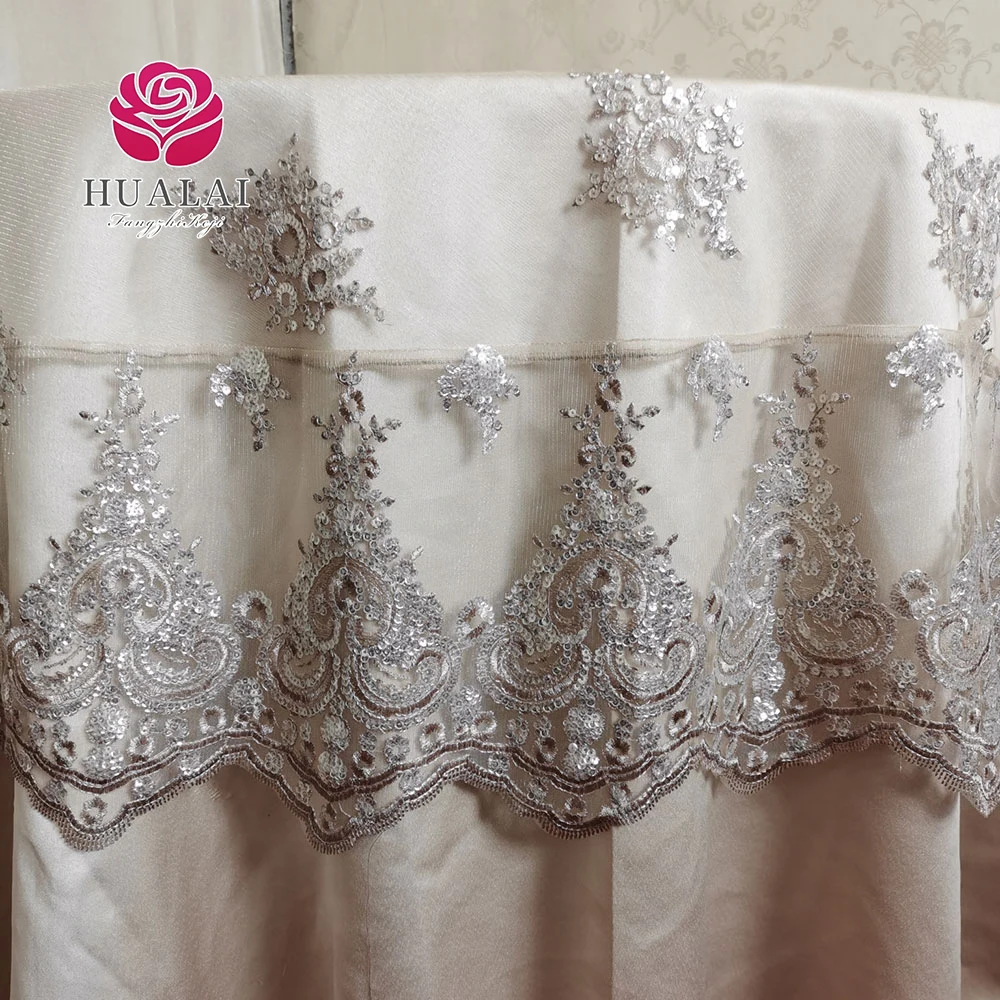 CHEAP SIMPLE ROUND  FRENCH LACE SEQUIN EMBROIDERY FABRIC TABLE CLOTH OVERLAYS FOR WEDDING HOTEL