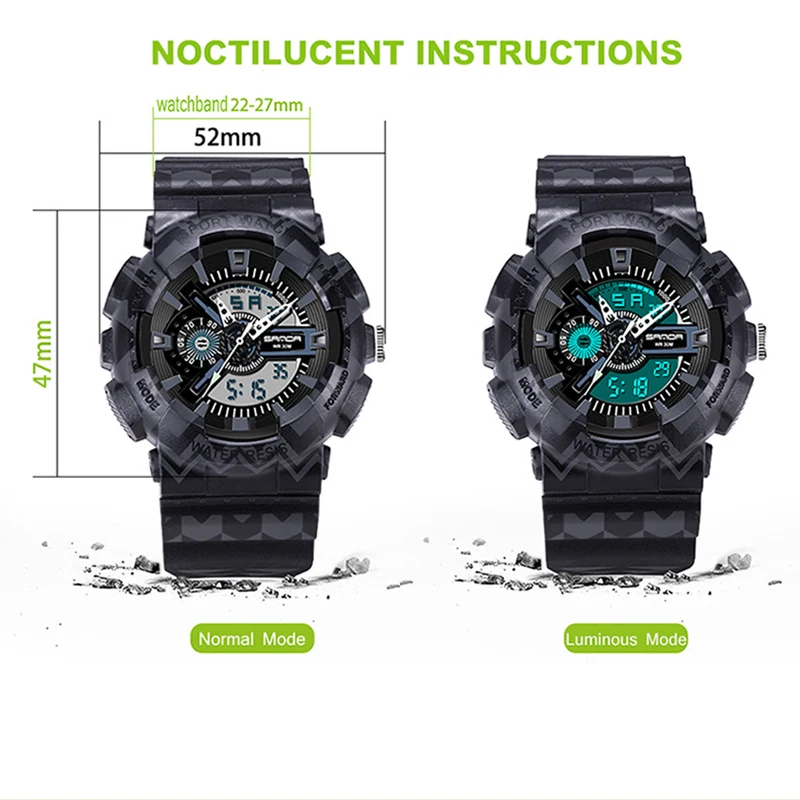SANDA Fashion Multifunctional Dual Display Sports Watch for Men Luminous Waterproof Casual Digital Wristwatch