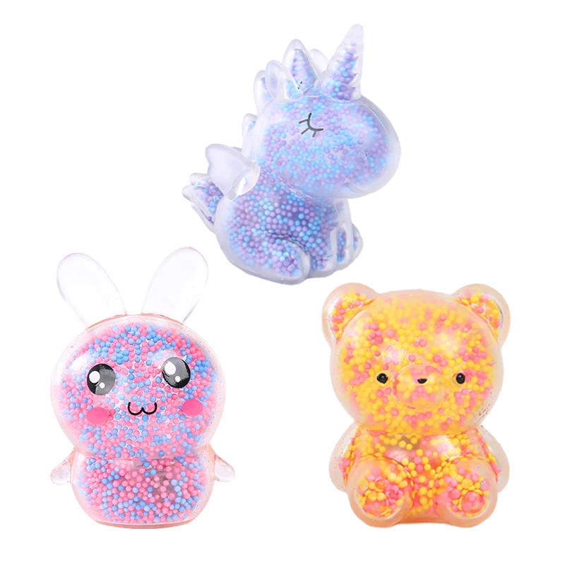 Creative OEM cute bear rabbit unicorn squeeze stuffed animal toys colorful foam beads filled led light fidget toys for kids