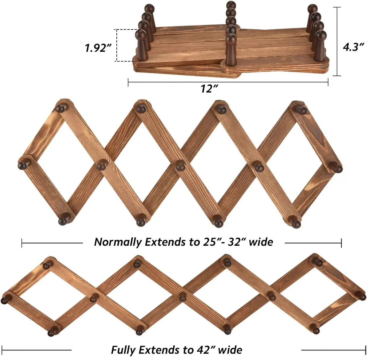 Wooden Expandable Nail Rack -Multifunctional Accordion Wall Hanger with 13 Hooks for Hats, Coats, Mugs, Scarves, Jewelry Storage