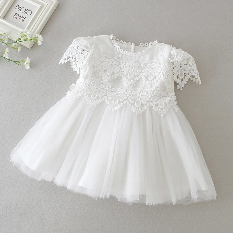 High Quality Short Sleeve Lace Baptism Christeing Baby Long White Dress