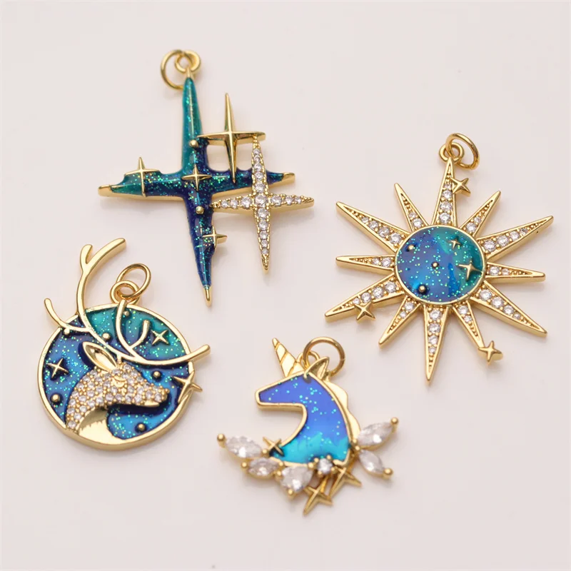 Brass 18K Gold Plated Star Sun Elk Unicorn Shaped Enamel Necklace Pendant Bulk for Necklace Making