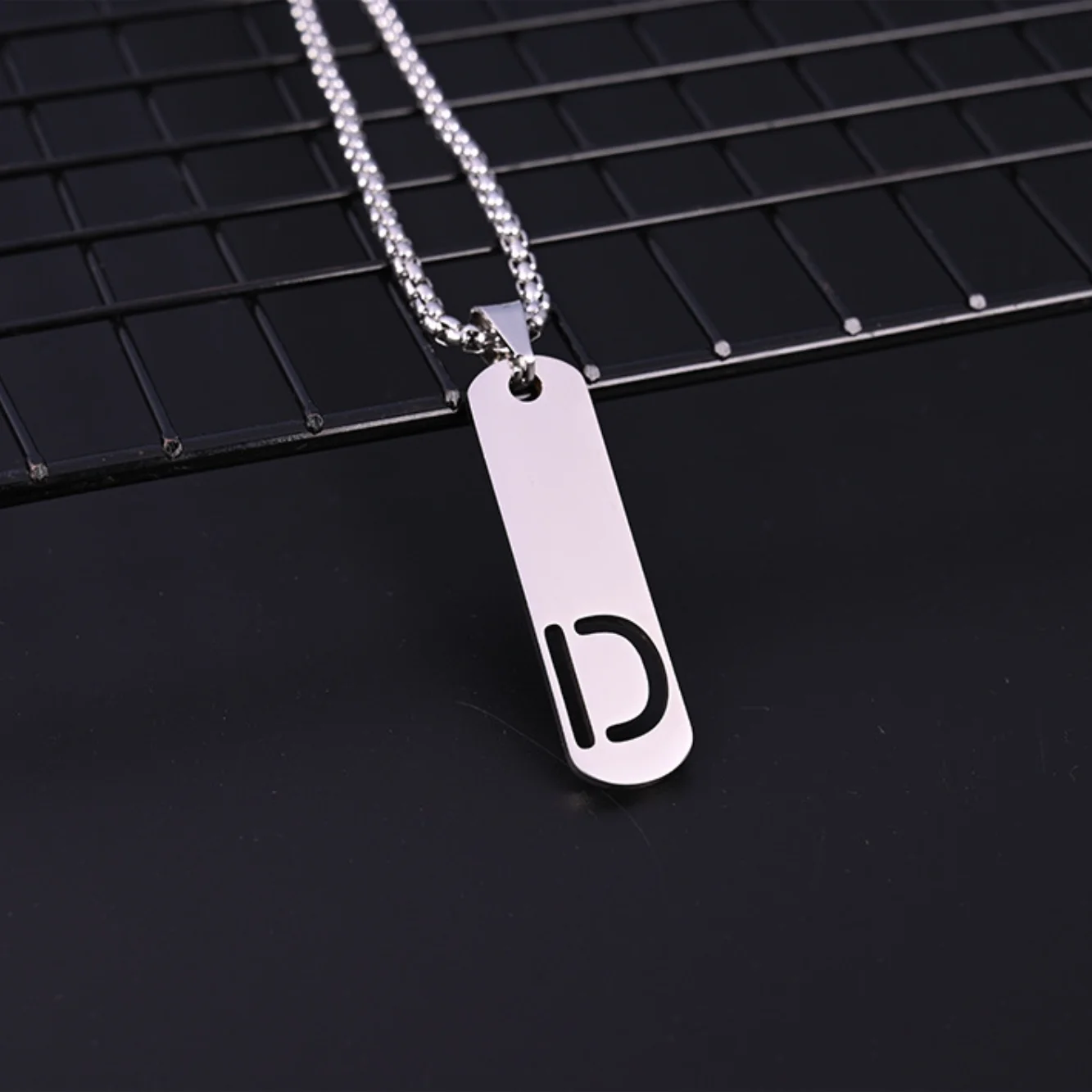 Personalized stainless steel long chain high polish laser cut hollow A-Z initial letters dog tag necklaces for men