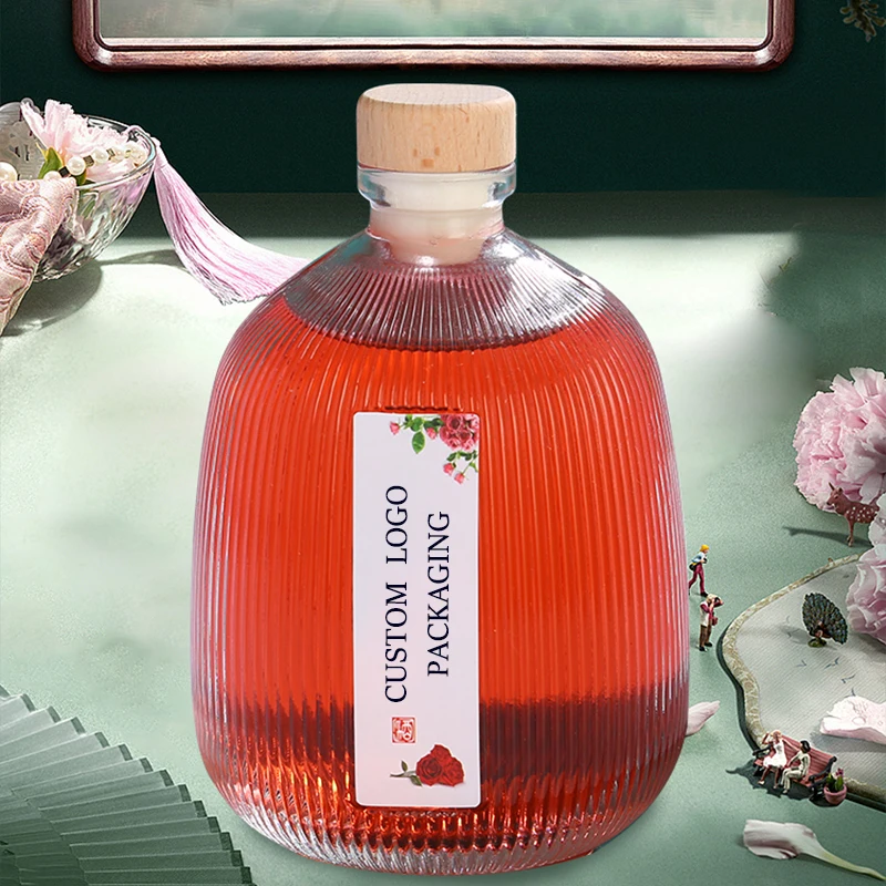 375ml Transparent Glass Drink Bottle Cork Lid Juicy Liquor Peach Blossom Wine Whisky Vodka Tequila Screen Printing Surface