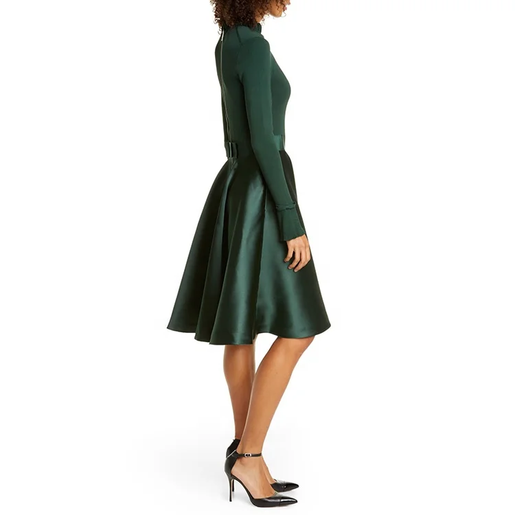 
Custom wholesale dress female long sleeve bow casual skirt green lady elegant evening dress 