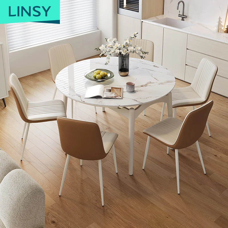 Linsy Folding Round Table Simple Household Extendable Stone Slab Wood Dining Table Set with 4/6 Chairs