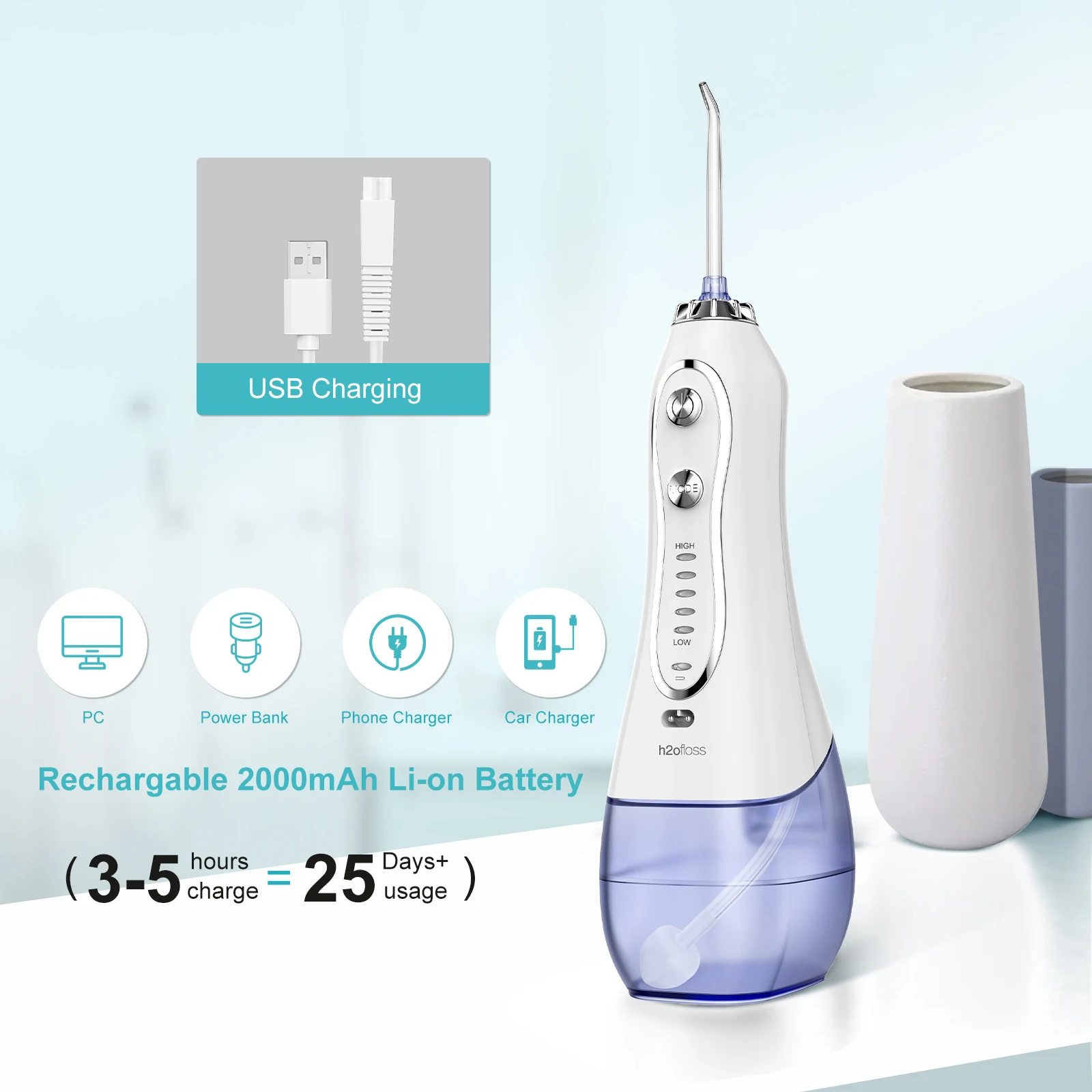 H2ofloss  IPX7 Electric Water Jet Flosser Cordless  300ml Capacity Travel Dental Portable Oral Irrigator Water Pick