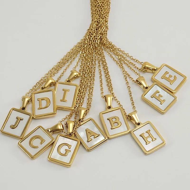 Fashion Square Shell 26 Capital English Letters 18k Gold Plated Initial Letter Pendant Stainless Steel Jewelry Necklace