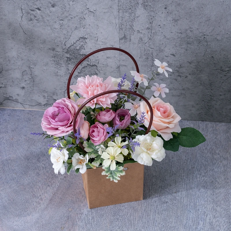 CF01465 Hot Selling Artificial Fabric Rose Silk Dahlia Ranuculus Flowers Plastic Lavender Paper Basket For Present Decoration