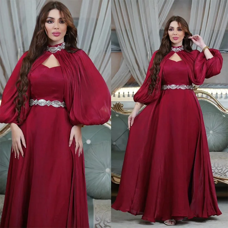 2 Pieces Set Arab Abaya Silk Satin Modest Maxi Long Dresses Women Muslim Party Gown Diamond Muslim Evening Dresses