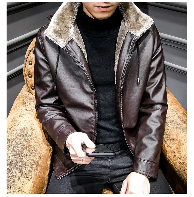 New Style OEM Raidyboer Solid Color Elegant Fleece PU Jacket with Stand Collar and Hood for Men