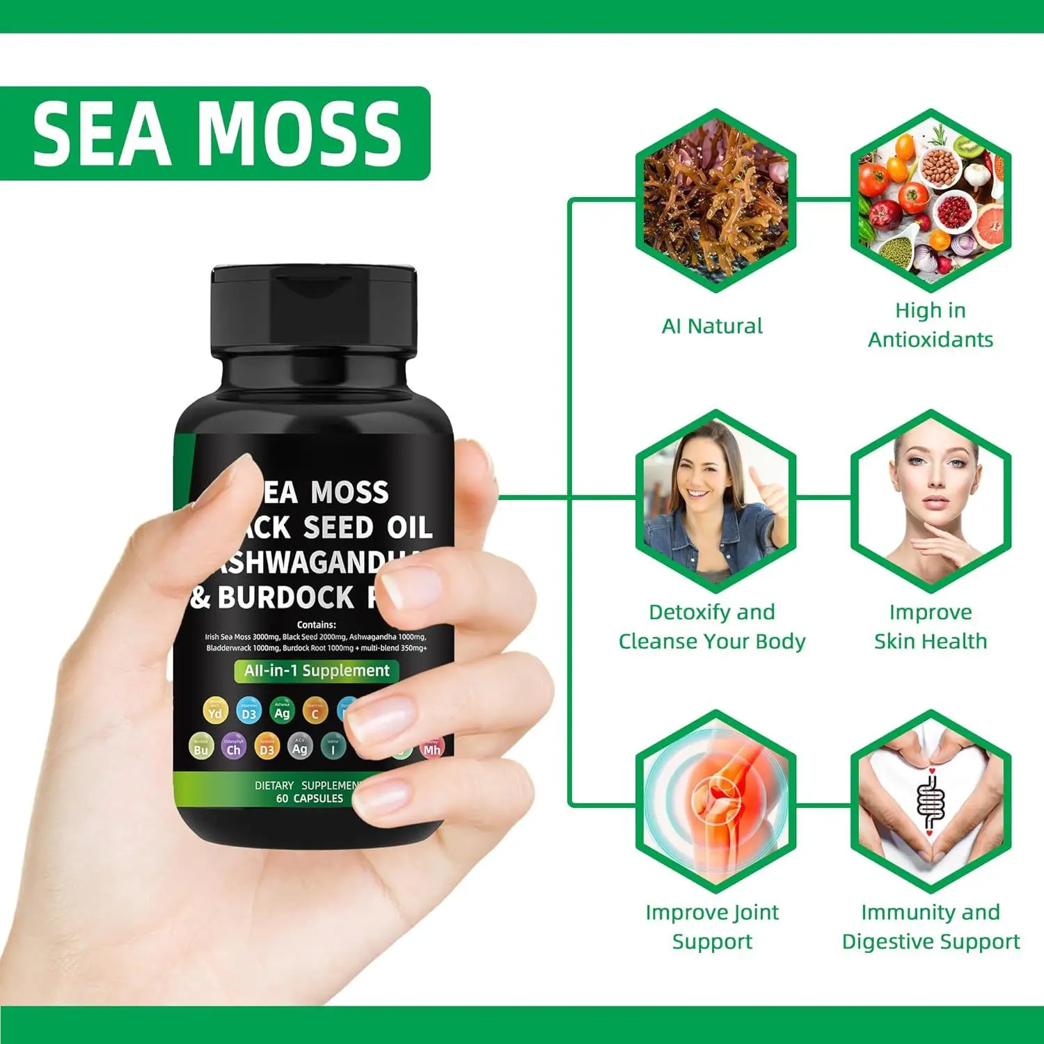 private label  all in Sea Moss Irish Black Seed Oil Ashwagandha capsules with Burdock Root as Multivitamin  health Supplements