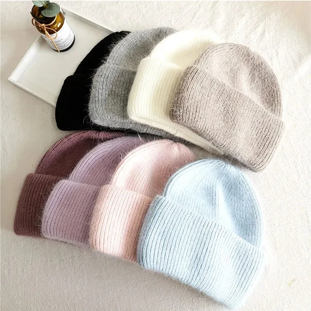 Cold Weather Women Girls Rabbit Fur Angora Wool Blend Hair Knit Cuff Beanie