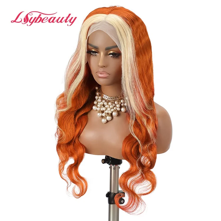 Skunk stripe wig Brazilian human hair wig pre plucked 613 blonde stripe ginger orange body wave  lace front human hair wigs