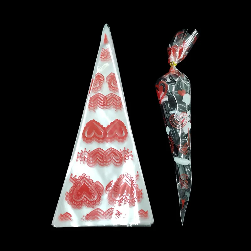 2024 Sales Promotion Popular Lollipop Bag Conical Plastic Bags Preserved Candy Chocolate Displaying Cellophane Cone Pastry Bag