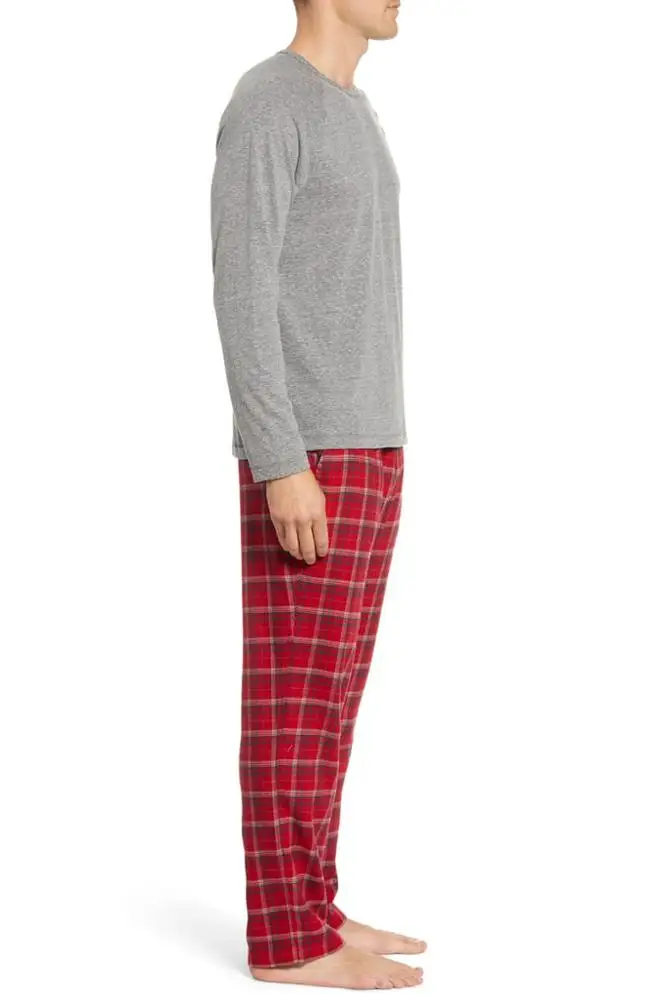 
MGOO Custom Long Sleeve Soft Cotton Crew Neck Men Black Pajama Set with Plaid Pants 