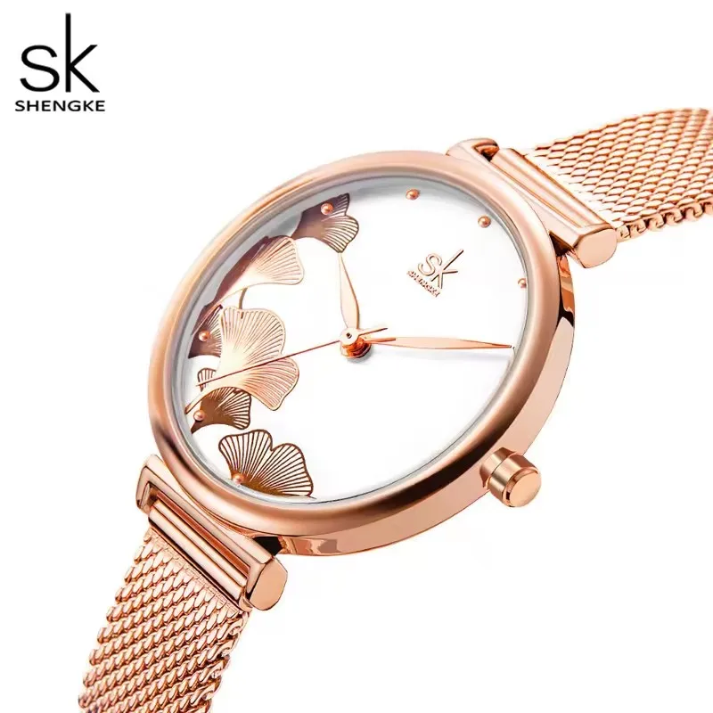 Shengke K0139 K0139L Fashion Sloid Steel Band Luxury Dial Ladies Watches 3 ATM Life Waterproof Genuine Leather Flower Wristwatch