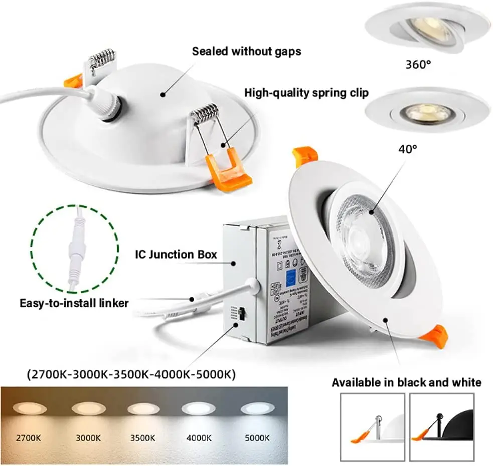 YouthGreen ETL 3CCT 6 Pack 4 Inch Dimmable 9W LED Recessed Slim Lights with Junction Box 900LM Recessed Ceiling Lights