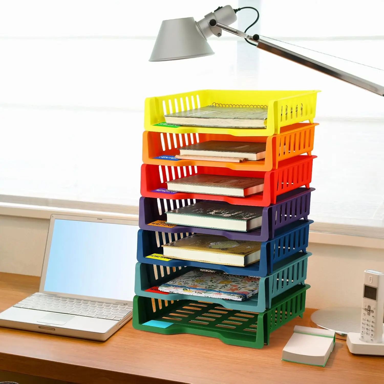 Rainbow Multi-Layer Desktop Plastic Stackable A4 Paper Letter Trays Teacher Desk Organizer Basket Sundry Document Storage Rack