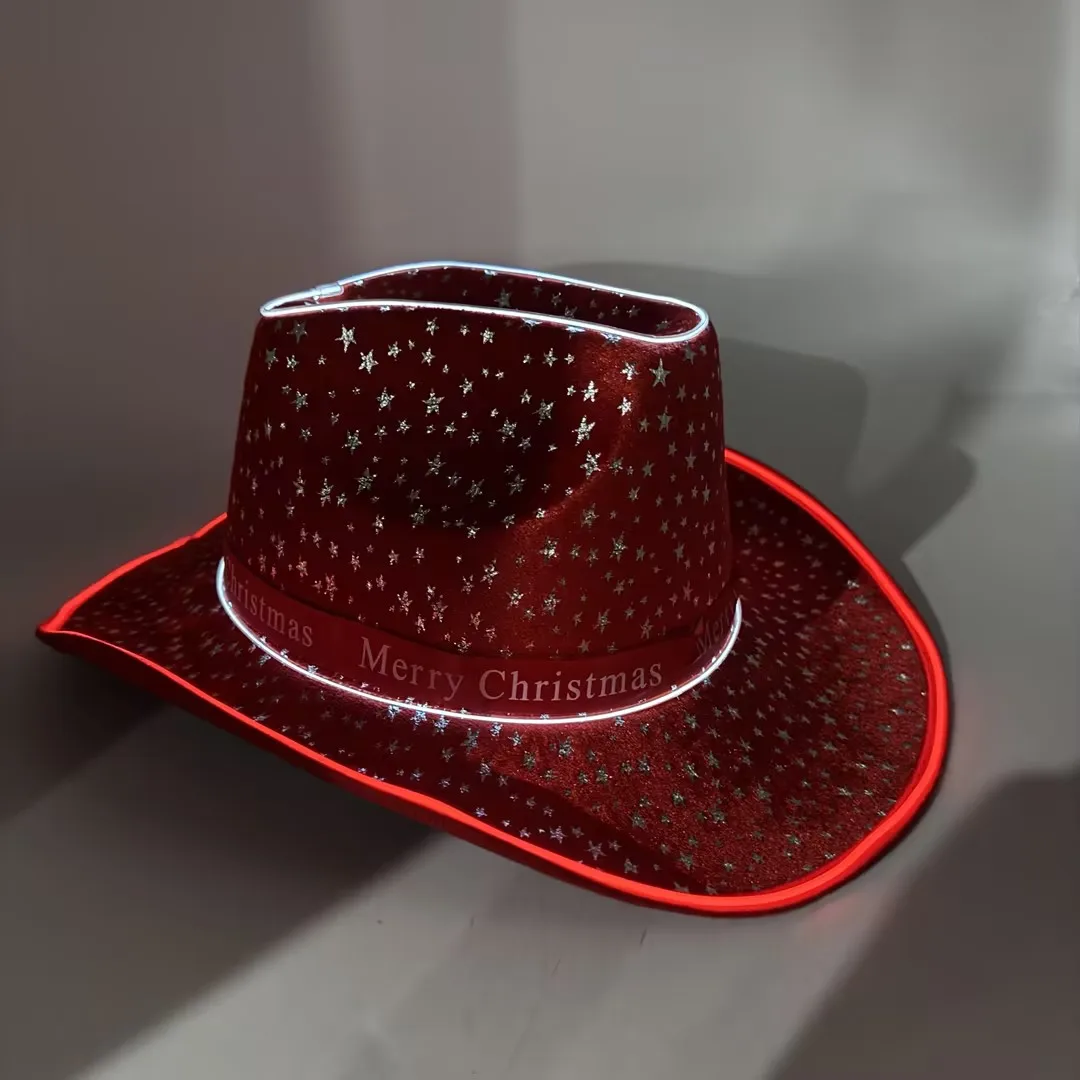 New Plain Fabric Christmas Pattern Led Light up Cowboy Hat Neon EL Wire Cowboy Hats Flashing Blink Lights Cowgirl Hat Christmas