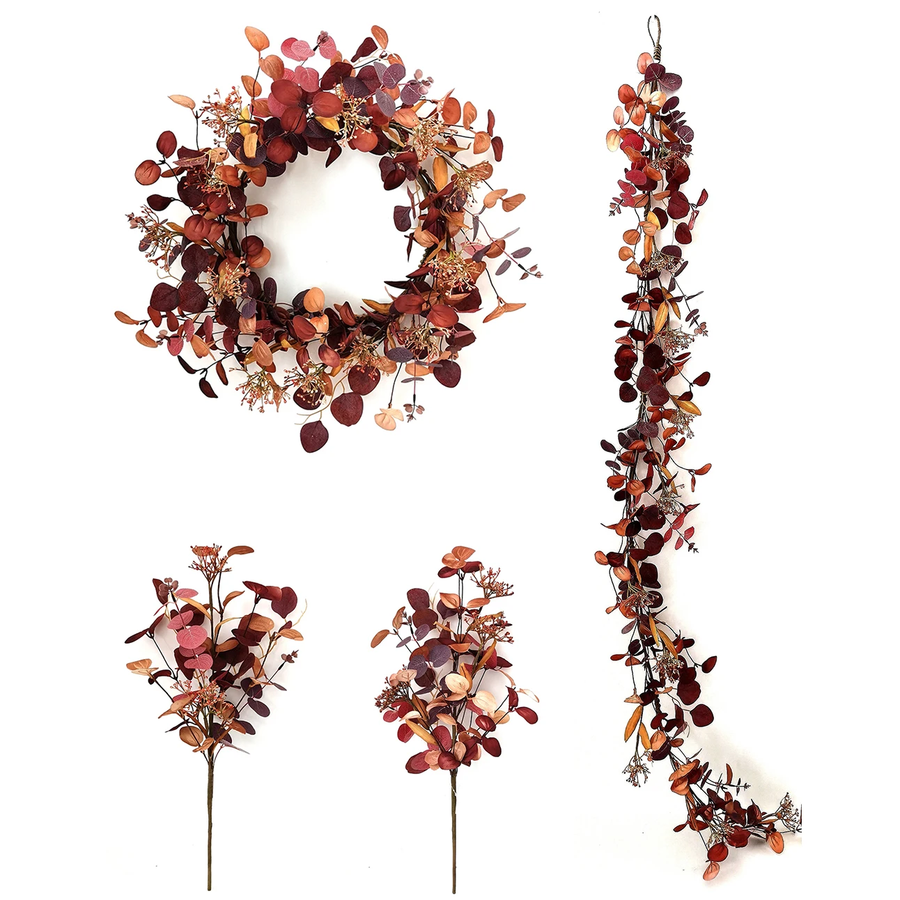 Fall wreath wholesale artificial Autumn flowers making eucalyptus leaves wreath with berries faux wild flowers