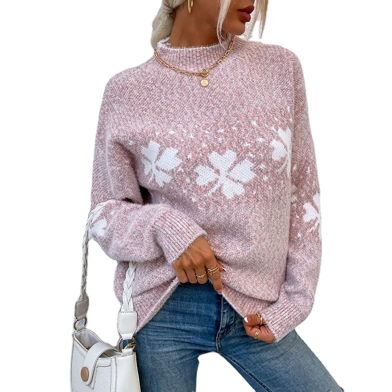 VSCOO ready to ship 100% wool warm crew neck long sleeve clover jacquard knit women pullover sweater