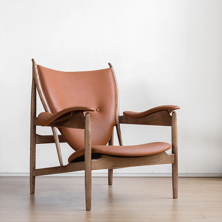 Mid Century Modern Furniture Living Room Leather Chair Indoor Leisure Armchairs Wooden Frame Accent Restaurant Dinning Chair