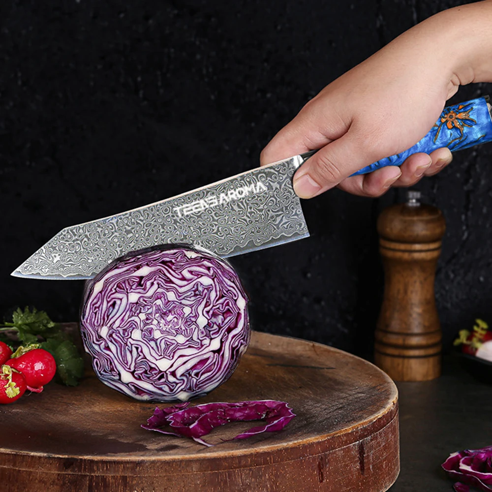 TEENS New Design VG 10 Damascus Kitchen Chef Knife with Blue Resin and Pine Cone Handle