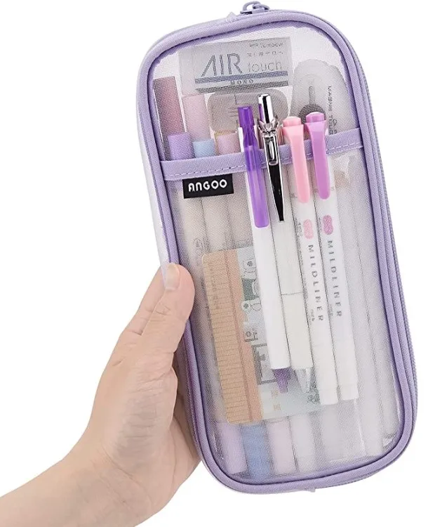 Grid Mesh Pen Pencil Case with Zipper Clear Makeup Color Pouch Cosmetics Bag Multi-Purpose Travel School Teen Girls Transparent