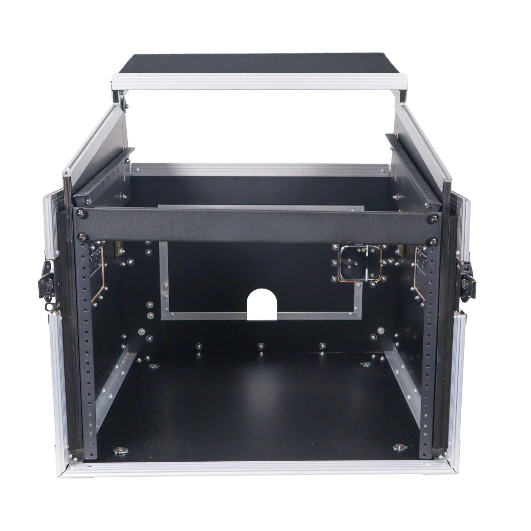 Factory Custom Aluminum Vertical Rack Mount Flight Case with for Mixer Combo Amp Rack with Laptop Shelf and Wheels