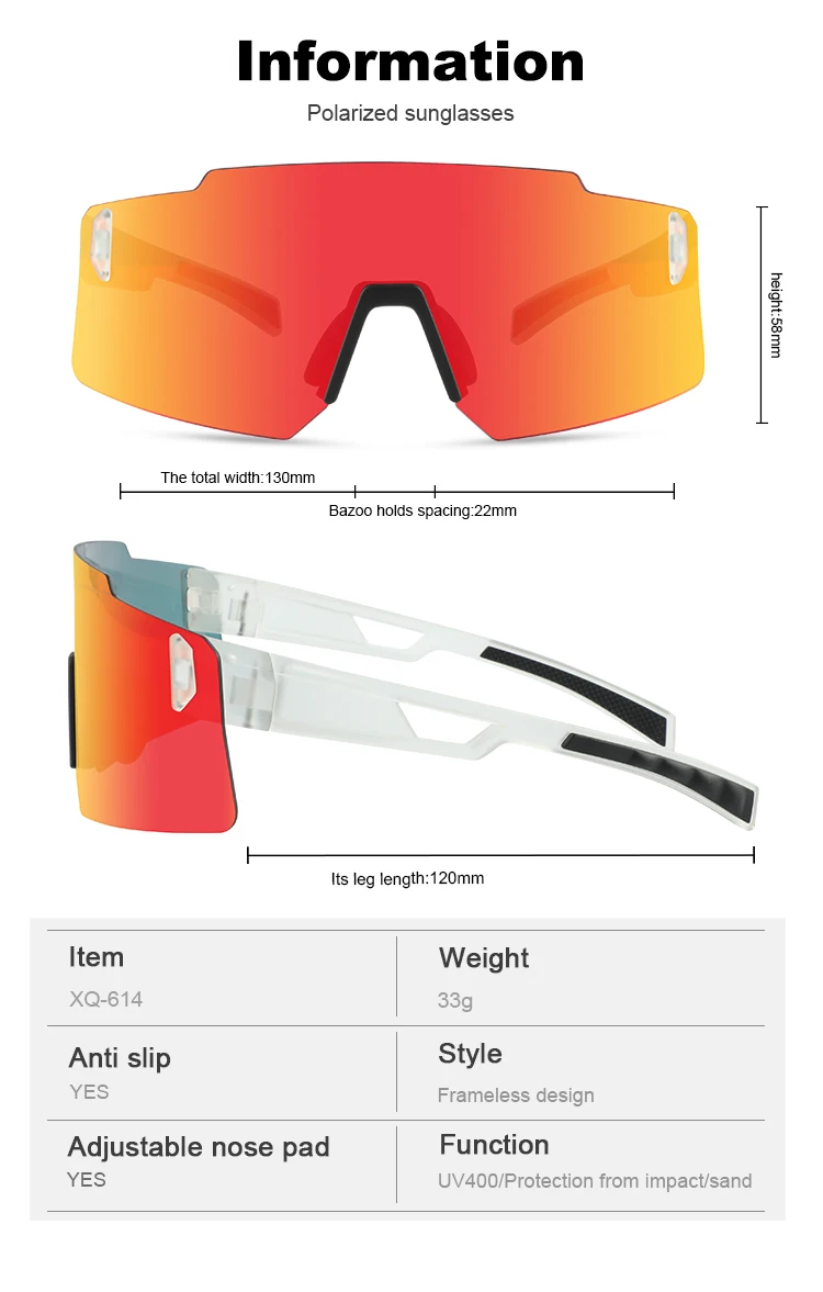 XUNQI Windproof Sun Glasses Shapes Women Men PC Frameless Polarized Sport Sunglasses For Driving Running With Adjustable Nose