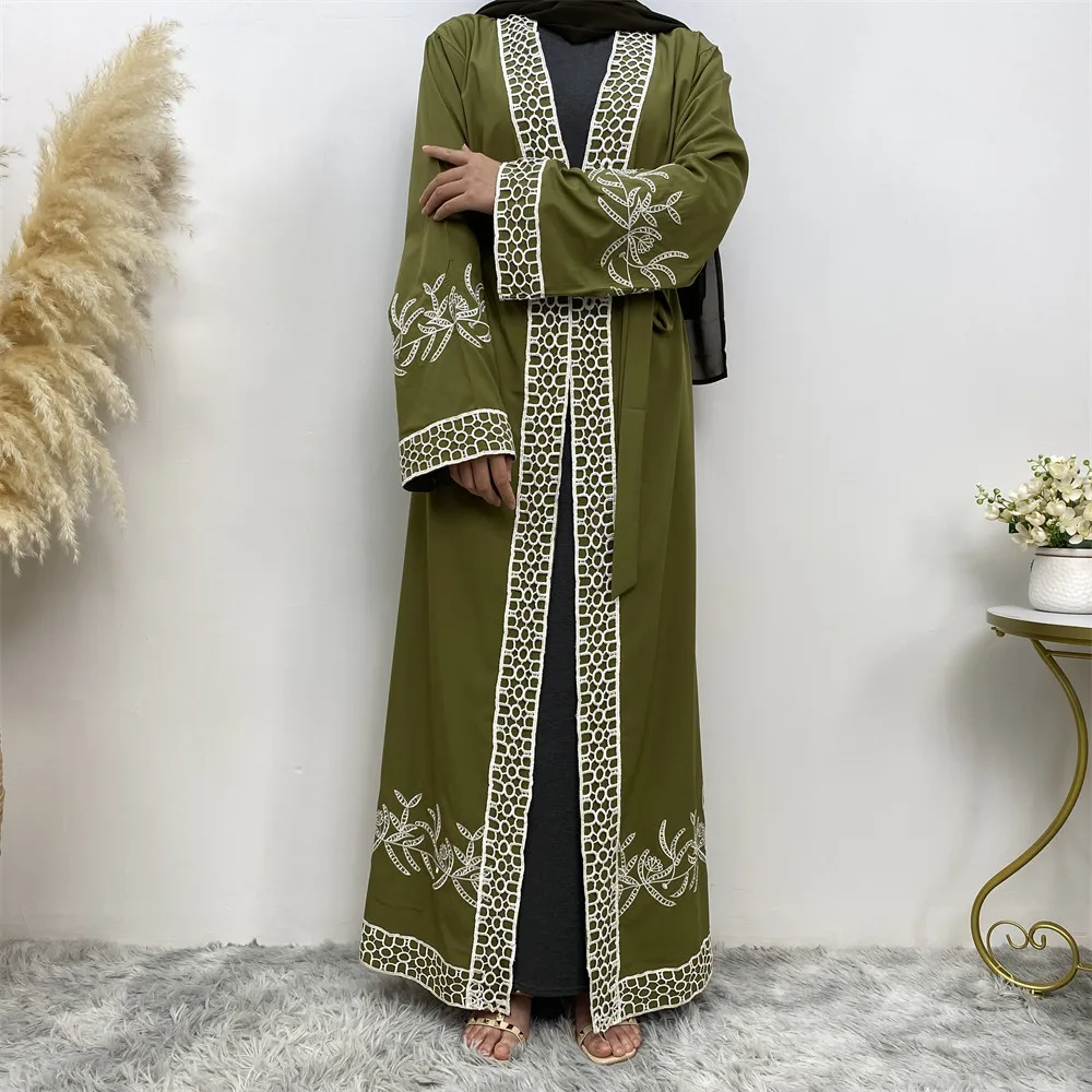Muslim Robe Prayer Dress Lace Embroidered Cardigan Wholesale Islamic Jibabra Jastani Mock Skirt Dubai solid color Long Cardigan
