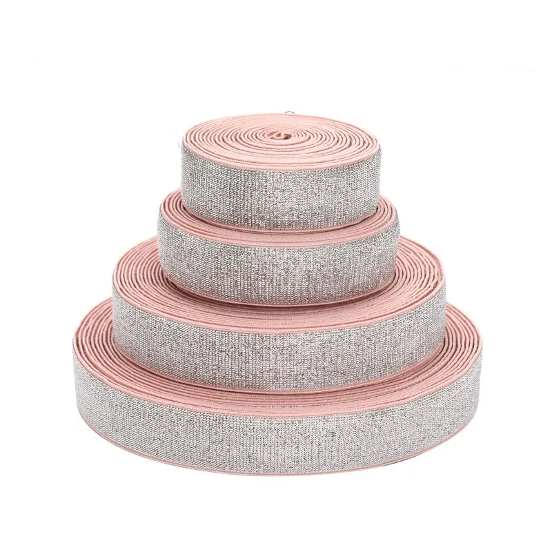 Factory Custom Logo High Tenacity Polyester Gold Silver Shiny Silk Elastic Webbing Fabric Rubber Band Luxury Webbing for garment