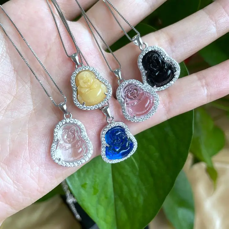 Wholesale Cheap Price High Quality sterling silver necklace tiny buddha necklace crystal mini jade buddha pendant necklace