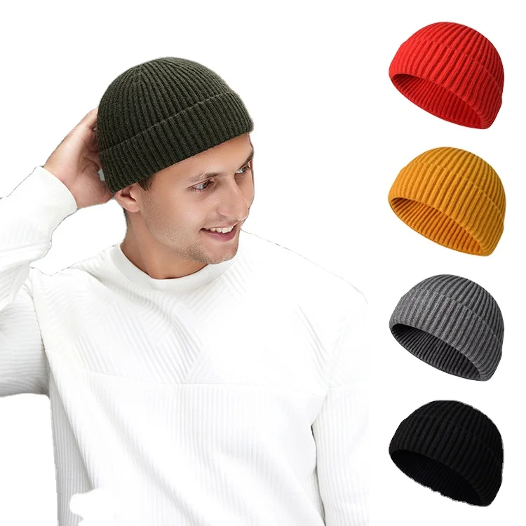 OEM Custom Knitted Solid Round Hat Roll up Edge Skull cap Fisherman Beanie Unisex Cuffed Plain Knit Hat Soft Warm Winter Hat