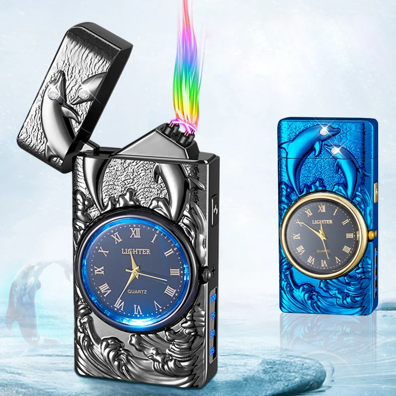 Cigarette double arc flameless windproof electric usb Dolphin lighter, custom gift electronic plasma smoking lighter with watch