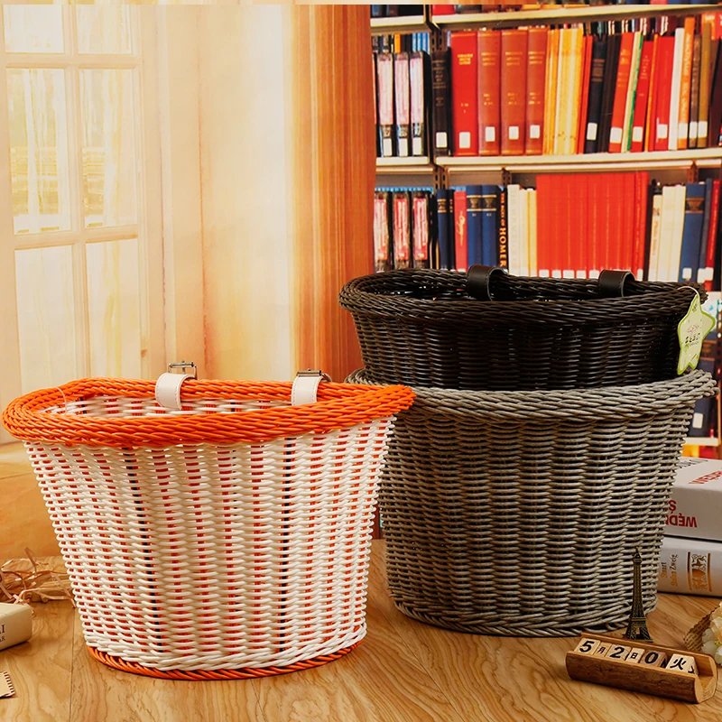 Factory wholesale PP rattan e-bike basket plastic adult bike basket front handlebar basket with straps