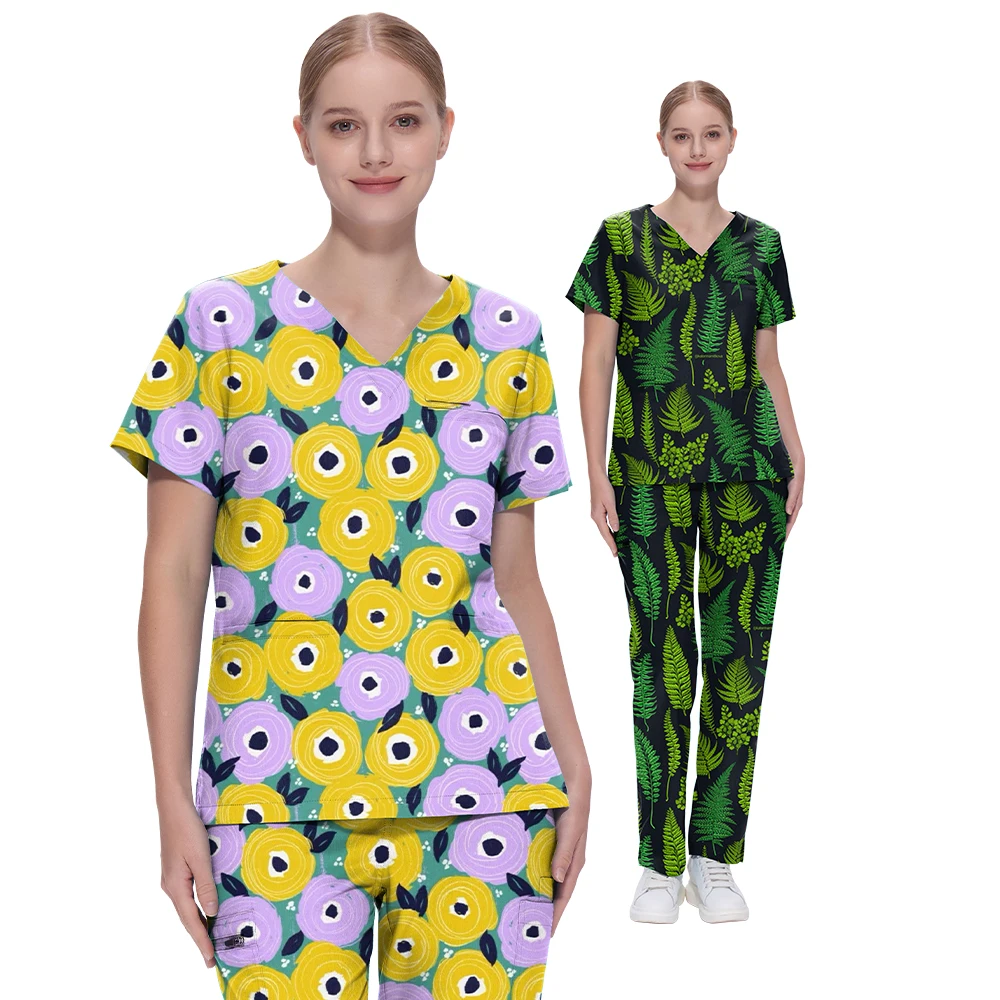 Custom Cute Floral Animal Printed Holiday Nursing Digital Print Stretch Scrubs Top Medical Uniform Women Printed Scrub Tops