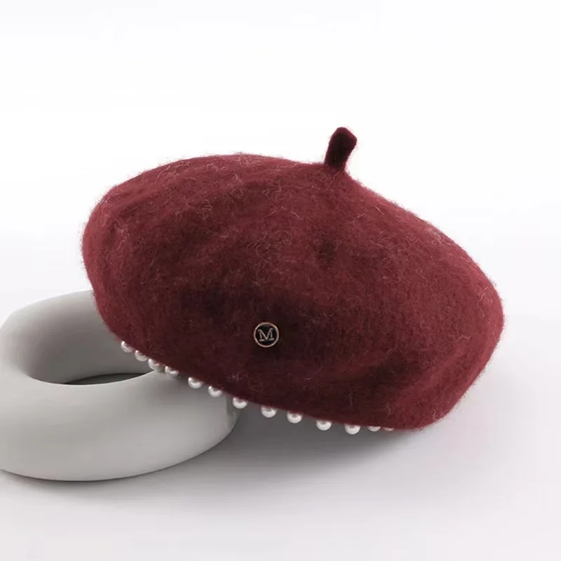 Ruimantike Custom black beret rhinestone love painter hat women autumn and winter wool fleece warm pumpkin hat beret